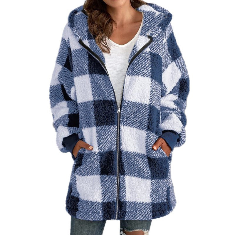 Arabella - Plaid Fleece Long Sleeve Hooded Coat